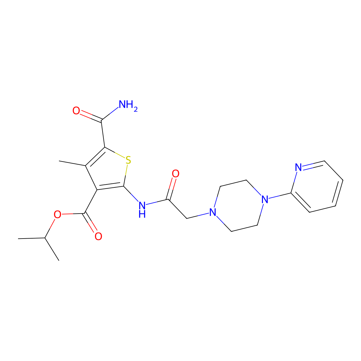Propan-2-yl 5-carbamoyl-4-methyl-2-({[4-(pyridin-2-yl)piperazin-1-yl]acetyl}amino)thiophene-3-carboxylate molecular structure, CAS 725221-07-8