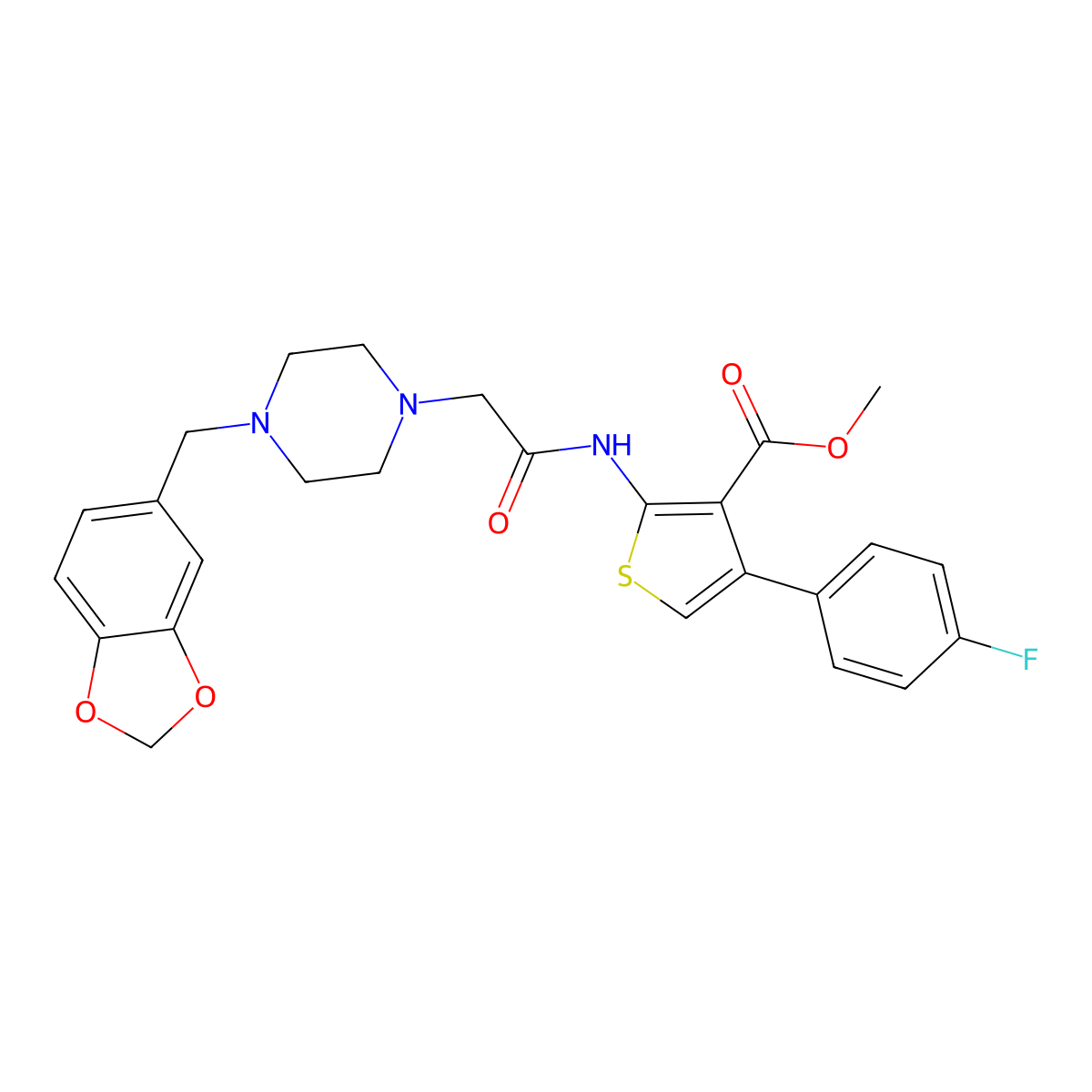 Methyl 2-({[4-(1,3-benzodioxol-5-ylmethyl)piperazin-1-yl]acetyl}amino)-4-(4-fluorophenyl)thiophene-3-carboxylate molecular structure, CAS 725221-19-2