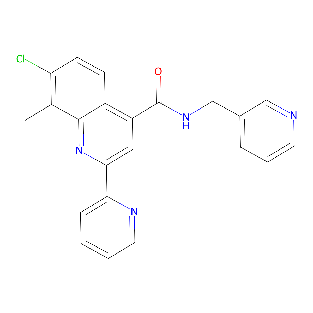 7-chloro-8-methyl-2-(pyridin-2-yl)-N-(pyridin-3-ylmethyl)quinoline-4-carboxamide molecular structure, CAS 725222-00-4