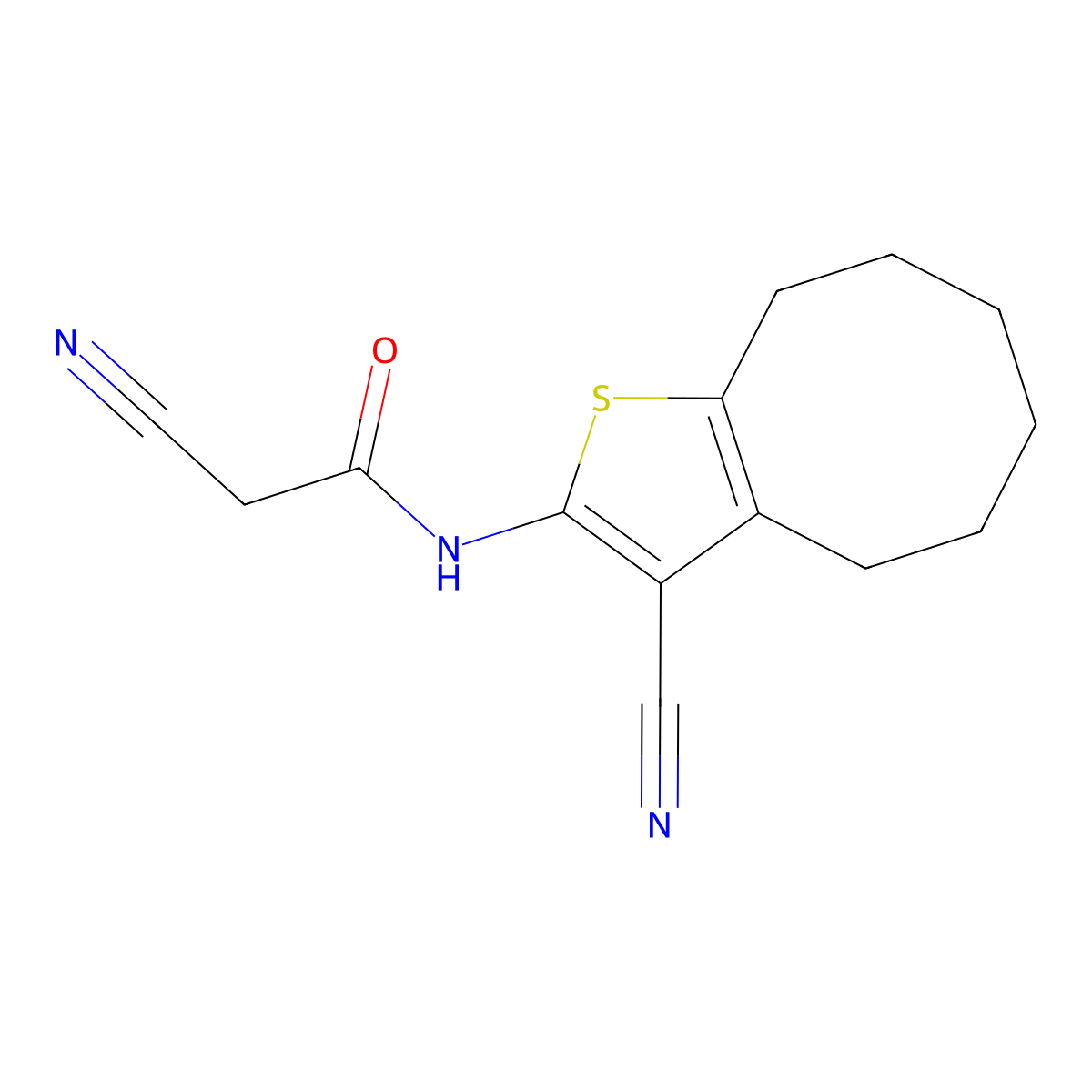 2-cyano-N-(3-cyano-4,5,6,7,8,9-hexahydrocycloocta[b]thiophen-2-yl)acetamide molecular structure, CAS 725222-03-7