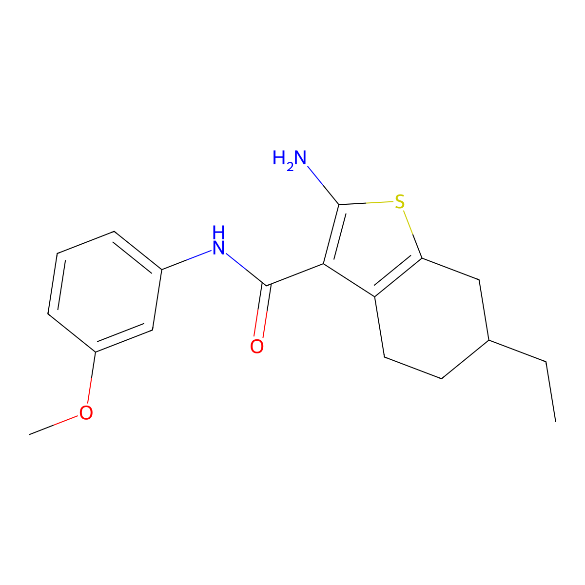 2-amino-6-ethyl-N-(3-methoxyphenyl)-4,5,6,7-tetrahydro-1-benzothiophene-3-carboxamide molecular structure, CAS 725222-04-8