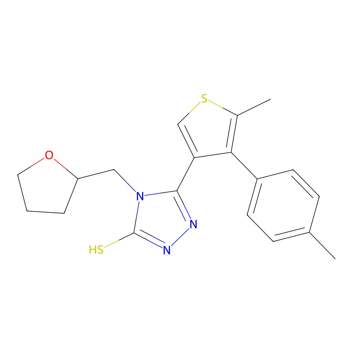 5-[5-methyl-4-(4-methylphenyl)thiophen-3-yl]-4-(tetrahydrofuran-2-ylmethyl)-4H-1,2,4-triazole-3-thiol molecular structure, CAS 725222-20-8