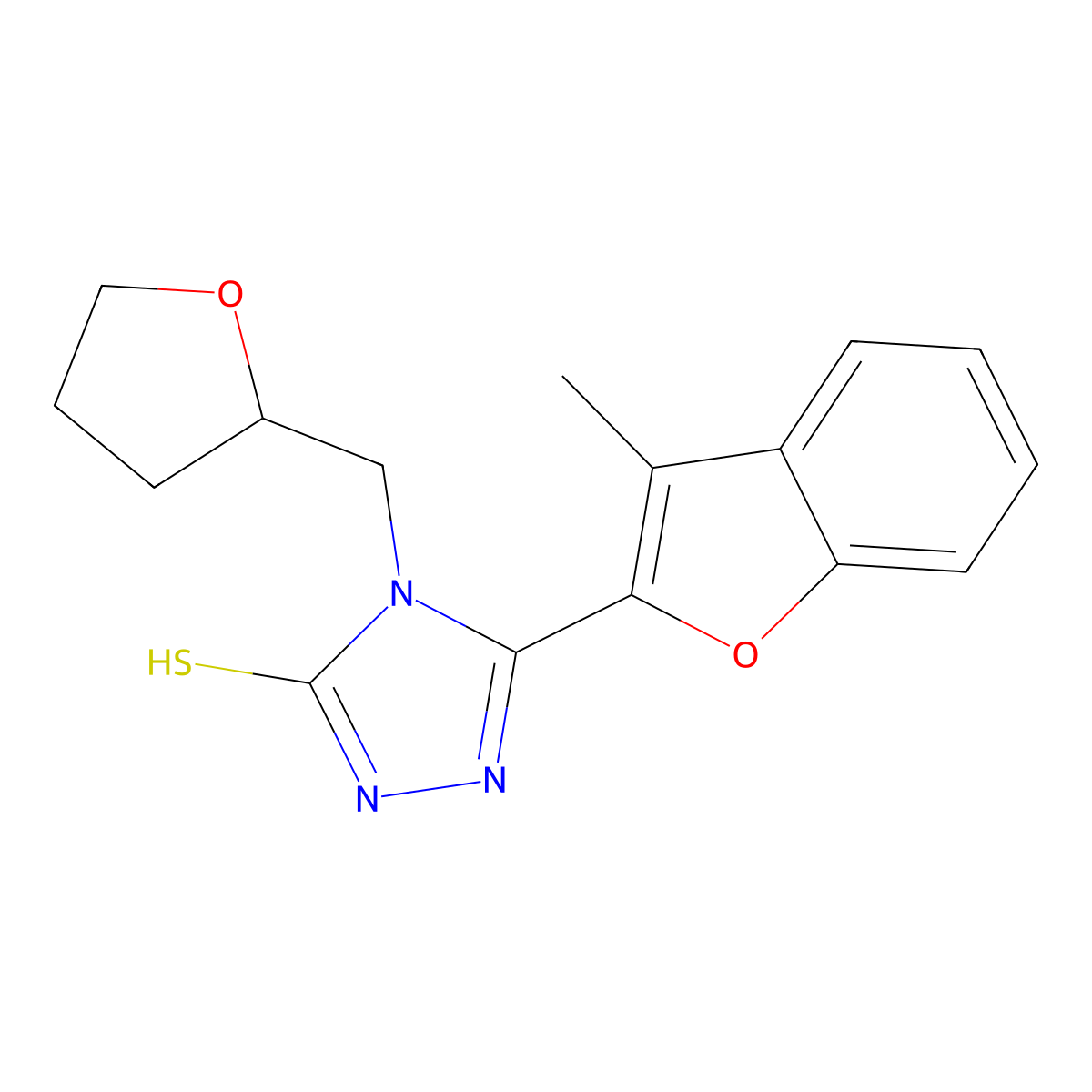 5-(3-methyl-1-benzofuran-2-yl)-4-(tetrahydrofuran-2-ylmethyl)-4H-1,2,4-triazole-3-thiol molecular structure, CAS 725222-21-9