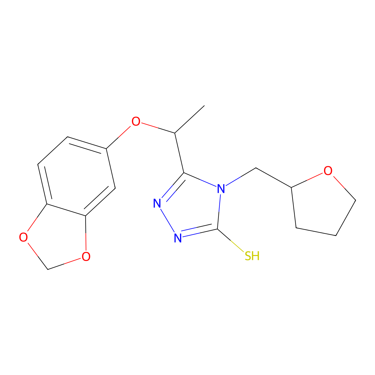 5-[1-(1,3-benzodioxol-5-yloxy)ethyl]-4-(tetrahydrofuran-2-ylmethyl)-4H-1,2,4-triazole-3-thiol molecular structure, CAS 725222-28-6
