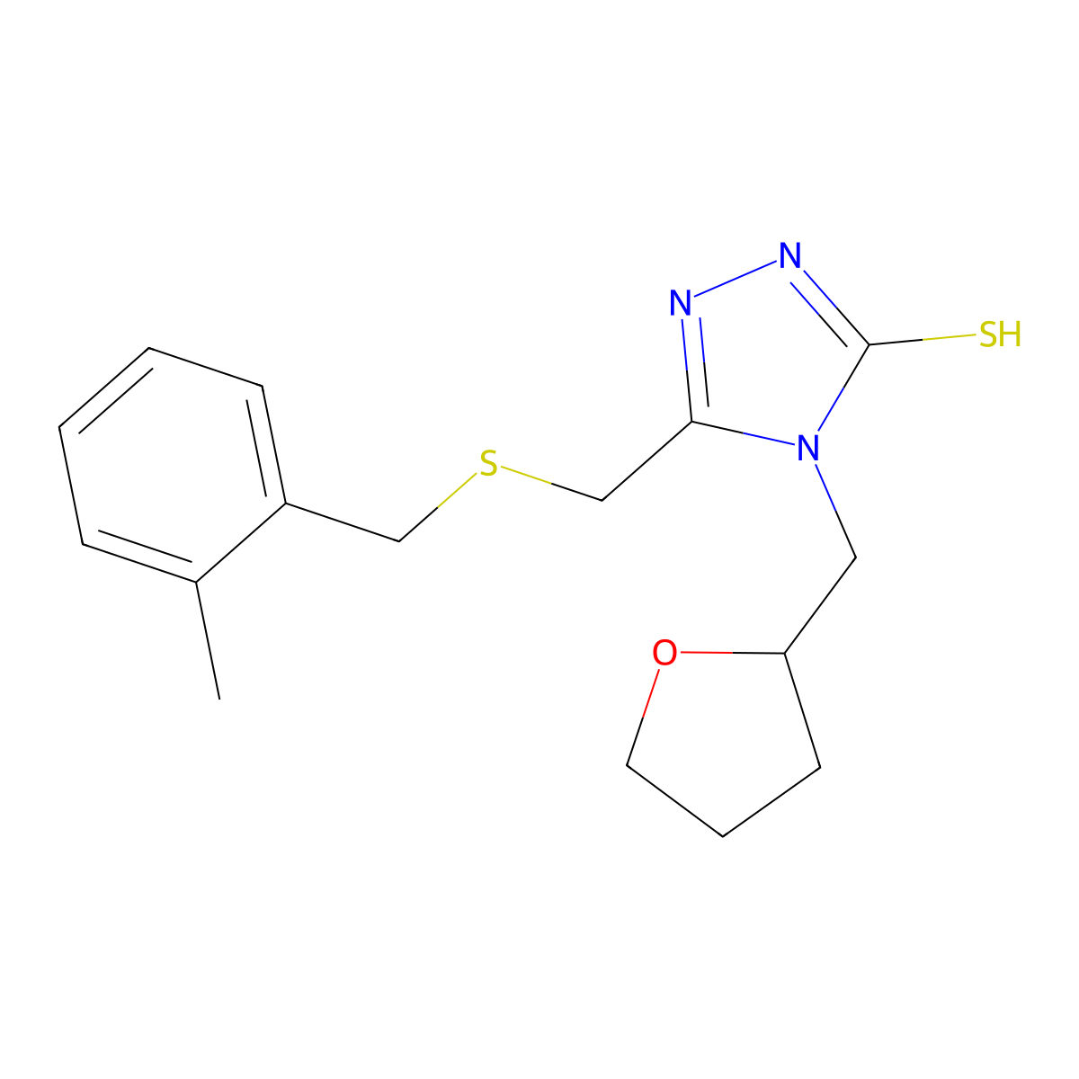 5-{[(2-methylbenzyl)sulfanyl]methyl}-4-(tetrahydrofuran-2-ylmethyl)-4H-1,2,4-triazole-3-thiol molecular structure, CAS 725222-32-2