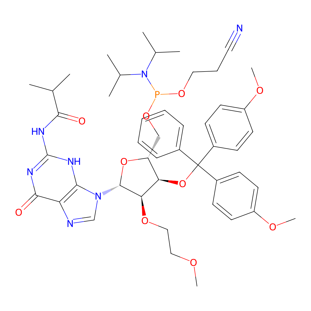 ((2R,3R,4R,5R)-3-(Bis(4-methoxyphenyl)(phenyl)methoxy)-5-(2-isobutyramido-6-oxo-3,6-dihydro-9H-purin-9-yl)-4-(2-methoxyethoxy)tetrahydrofuran-2-yl)methyl (2-cyanoethyl) diisopropylphosphoramidite molecular structure, CAS 725223-44-9