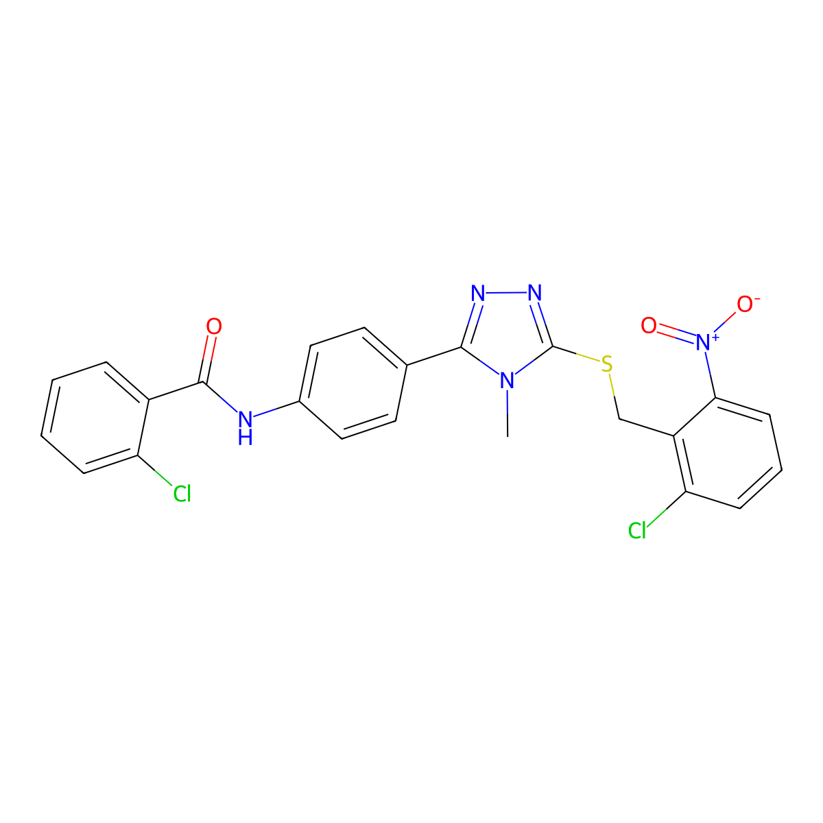 2-chloro-N-[4-[5-[(2-chloro-6-nitrophenyl)methylsulfanyl]-4-methyl-1,2,4-triazol-3-yl]phenyl]benzamide molecular structure, CAS 725223-60-9
