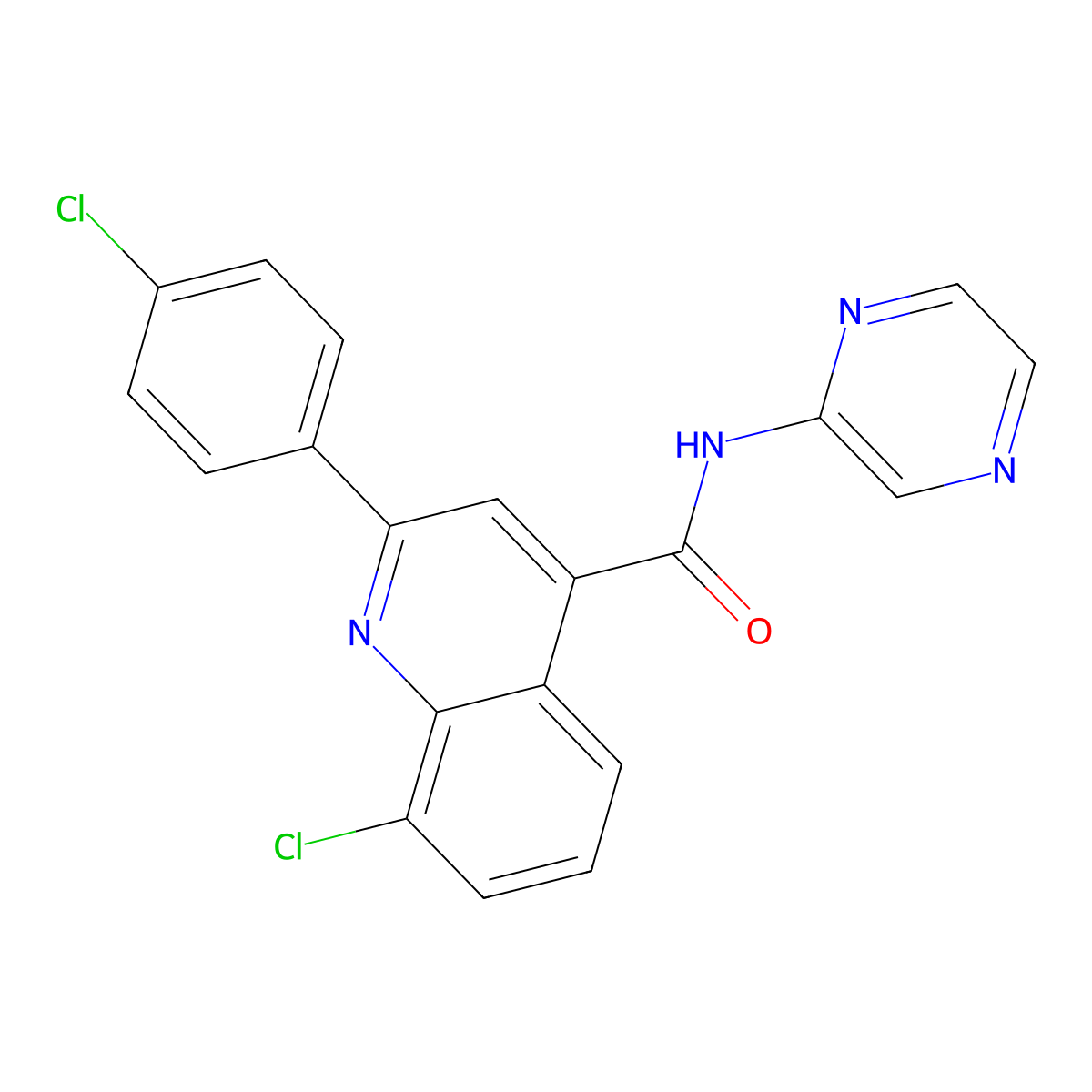 8-chloro-2-(4-chlorophenyl)-N-(pyrazin-2-yl)quinoline-4-carboxamide molecular structure, CAS 725224-05-5