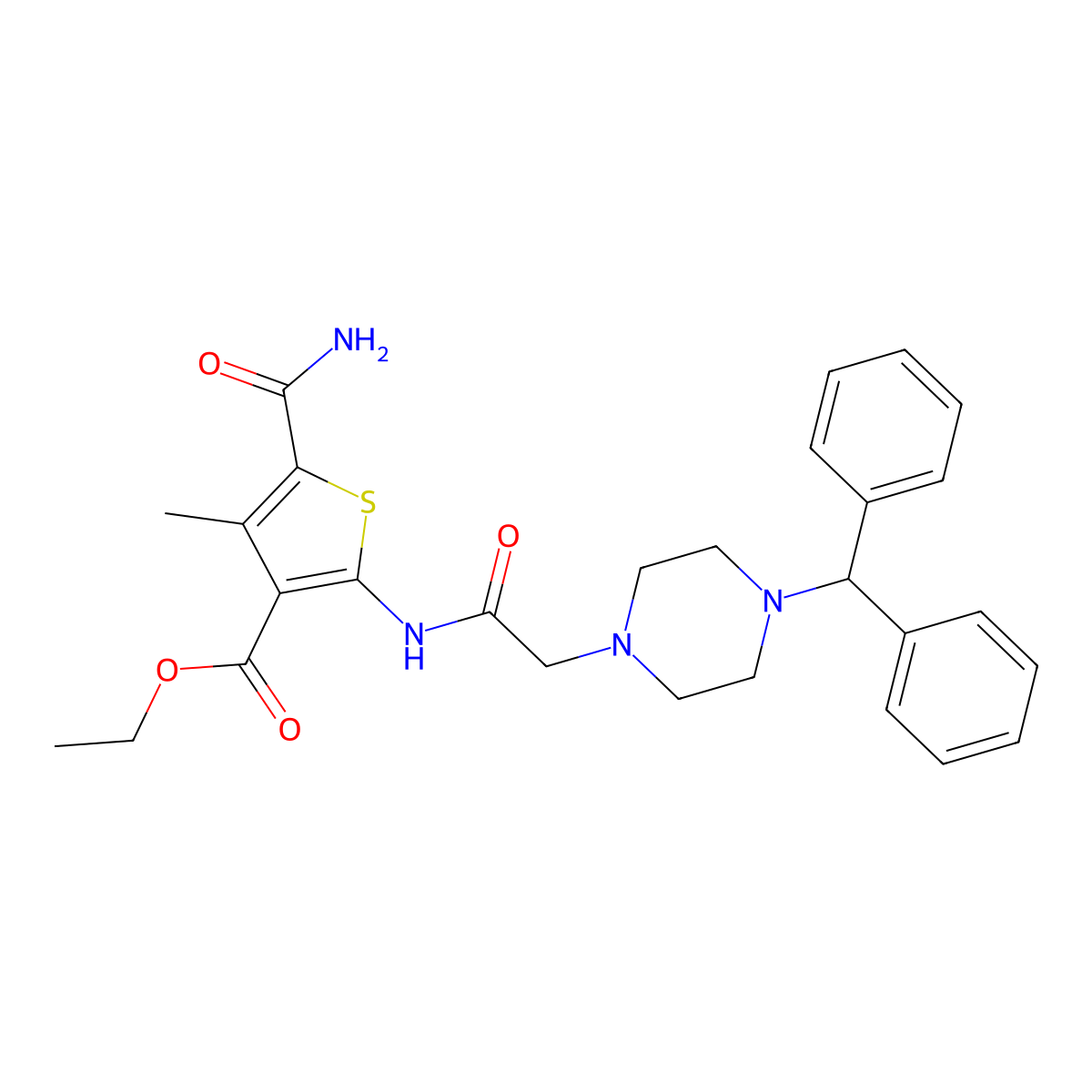 Ethyl 5-carbamoyl-2-({[4-(diphenylmethyl)piperazin-1-yl]acetyl}amino)-4-methylthiophene-3-carboxylate molecular structure, CAS 725225-07-0