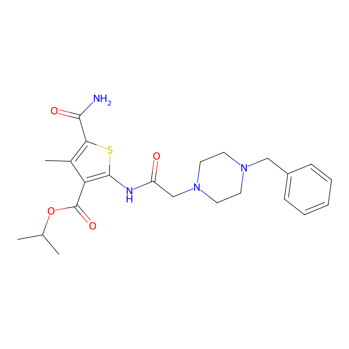 Propan-2-yl 2-{[(4-benzylpiperazin-1-yl)acetyl]amino}-5-carbamoyl-4-methylthiophene-3-carboxylate molecular structure, CAS 725225-09-2