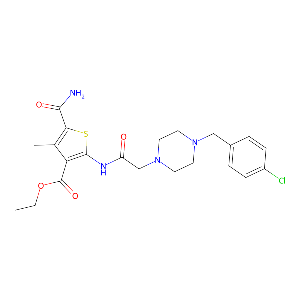 Ethyl 5-carbamoyl-2-({[4-(4-chlorobenzyl)piperazin-1-yl]acetyl}amino)-4-methylthiophene-3-carboxylate molecular structure, CAS 725225-38-7