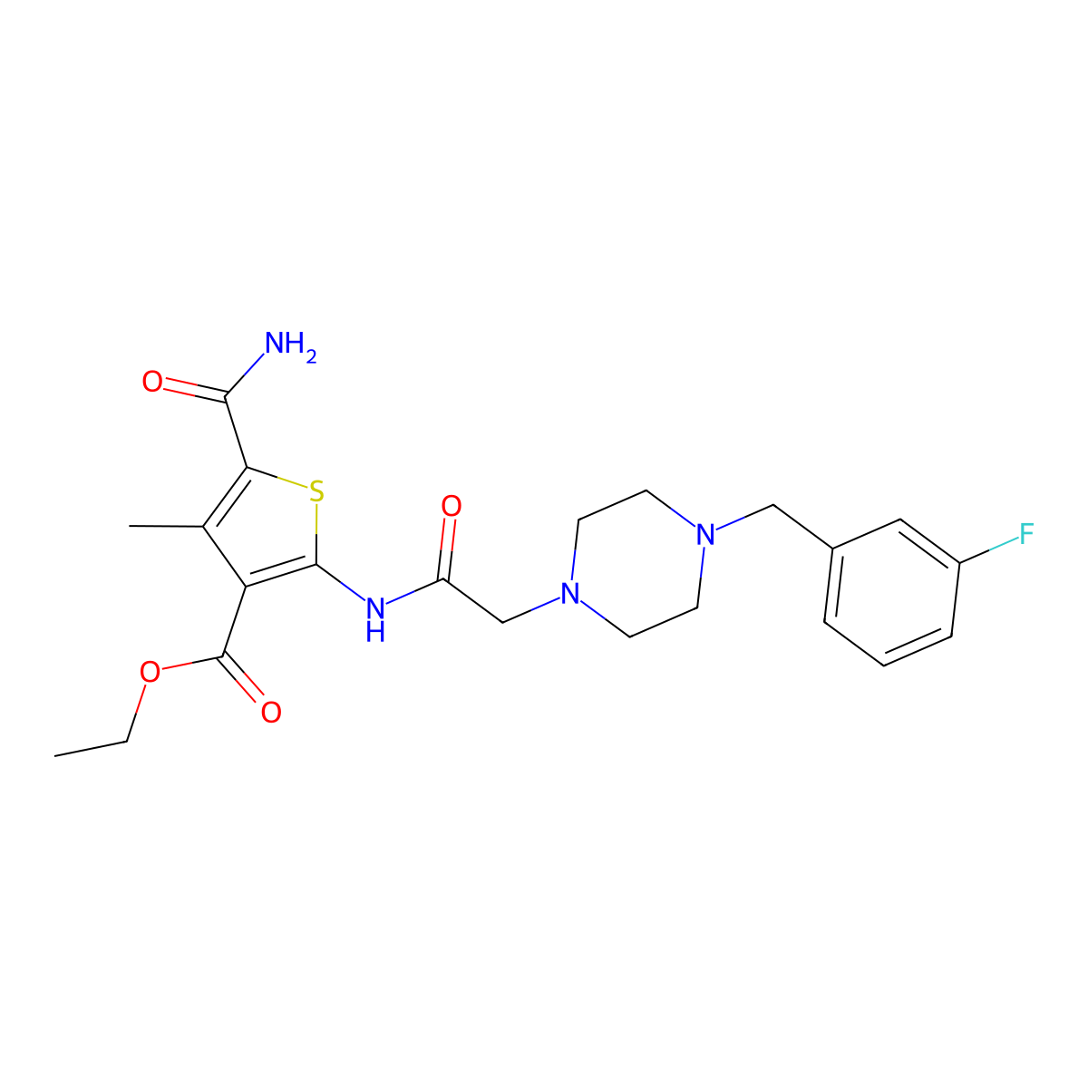 Ethyl 5-carbamoyl-2-({[4-(3-fluorobenzyl)piperazin-1-yl]acetyl}amino)-4-methylthiophene-3-carboxylate molecular structure, CAS 725225-45-6