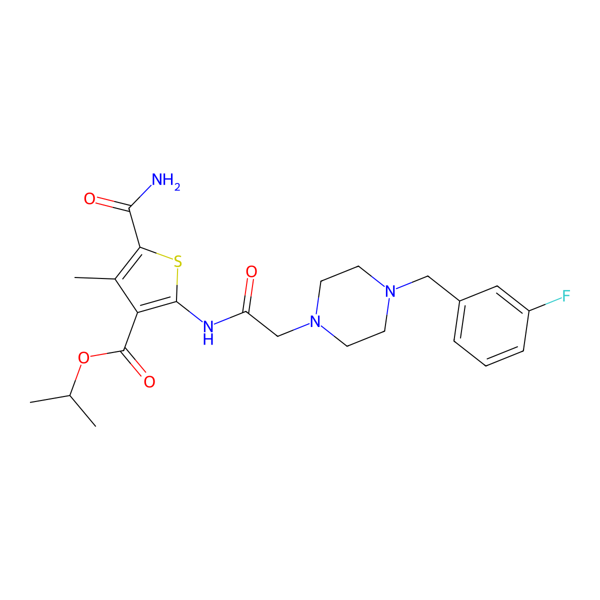 Propan-2-yl 5-carbamoyl-2-({[4-(3-fluorobenzyl)piperazin-1-yl]acetyl}amino)-4-methylthiophene-3-carboxylate molecular structure, CAS 725225-46-7