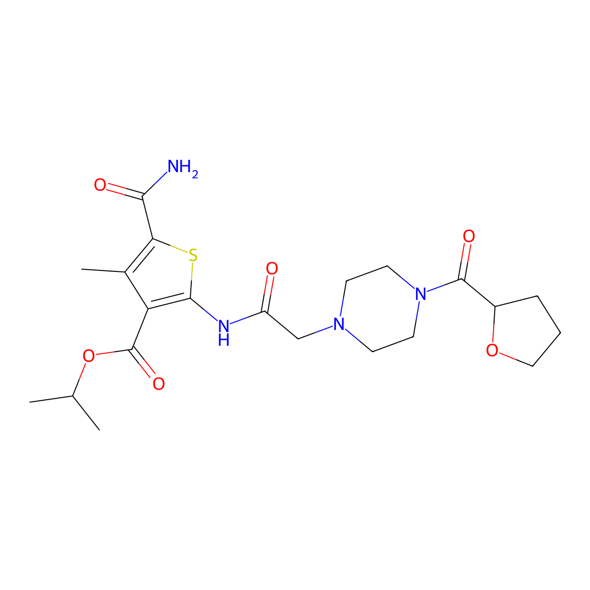 Propan-2-yl 5-carbamoyl-4-methyl-2-({[4-(tetrahydrofuran-2-ylcarbonyl)piperazin-1-yl]acetyl}amino)thiophene-3-carboxylate molecular structure, CAS 725225-57-0