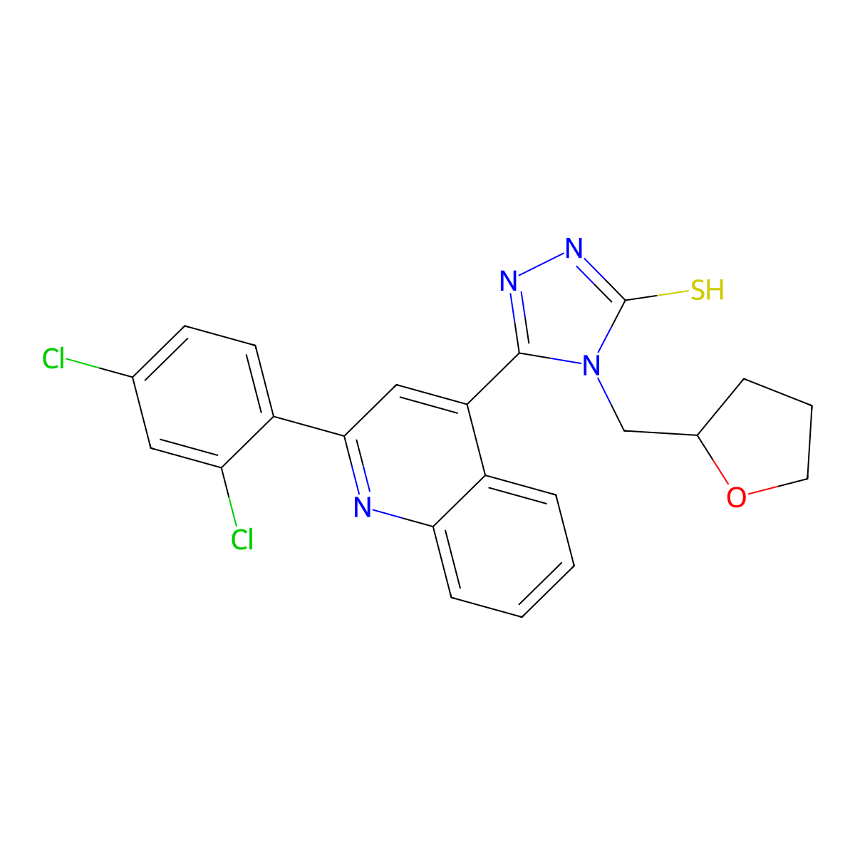 5-[2-(2,4-dichlorophenyl)quinolin-4-yl]-4-(tetrahydrofuran-2-ylmethyl)-4H-1,2,4-triazole-3-thiol molecular structure, CAS 725226-46-0