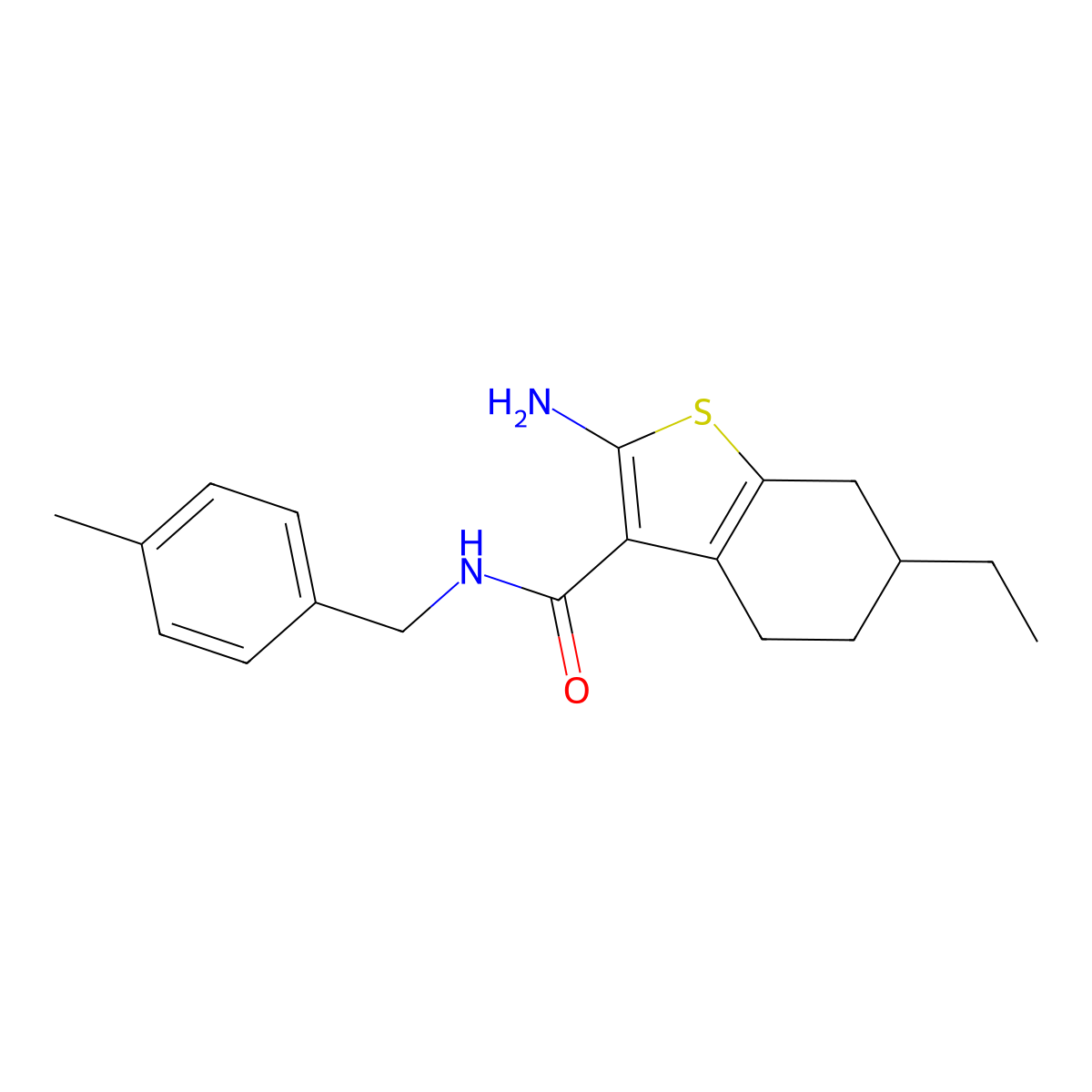 2-amino-6-ethyl-N-(4-methylbenzyl)-4,5,6,7-tetrahydro-1-benzothiophene-3-carboxamide molecular structure, CAS 725226-66-4
