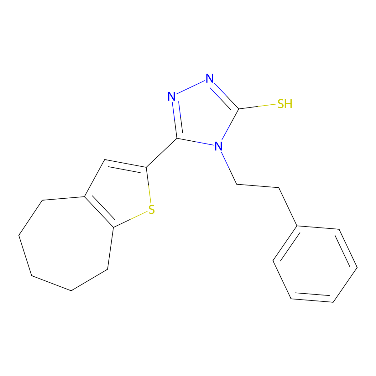 4-(2-phenylethyl)-5-(5,6,7,8-tetrahydro-4H-cyclohepta[b]thiophen-2-yl)-4H-1,2,4-triazole-3-thiol molecular structure, CAS 725226-68-6