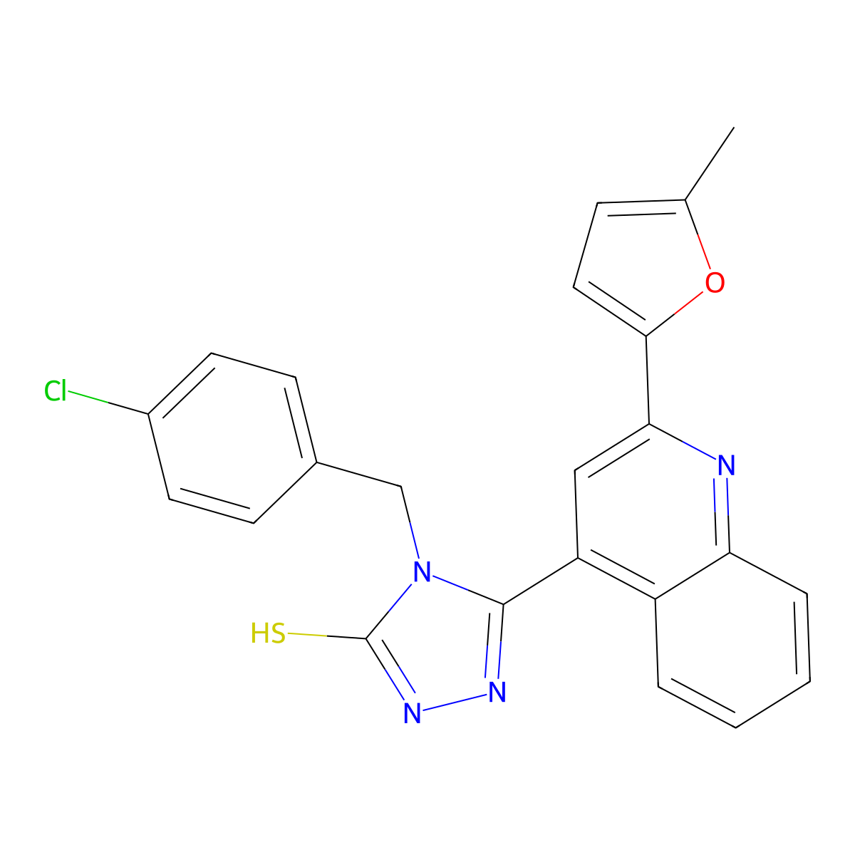 4-(4-chlorobenzyl)-5-[2-(5-methylfuran-2-yl)quinolin-4-yl]-4H-1,2,4-triazole-3-thiol molecular structure, CAS 725226-73-3
