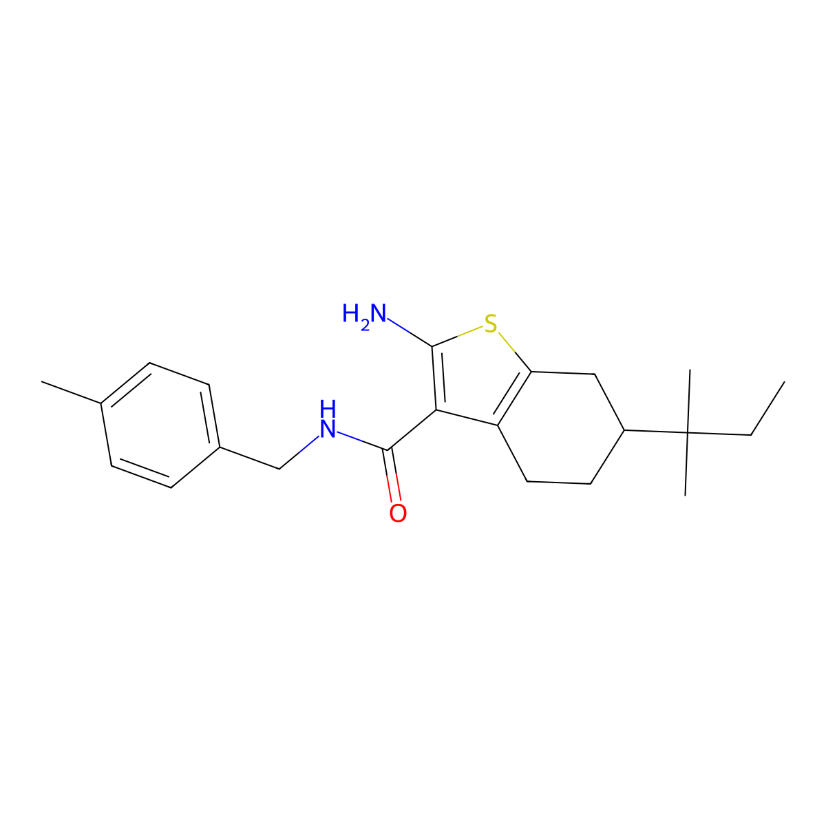 2-amino-6-tert-amyl-N-(4-methylbenzyl)-4,5,6,7-tetrahydro-1-benzothiophene-3-carboxamide molecular structure, CAS 725227-03-2