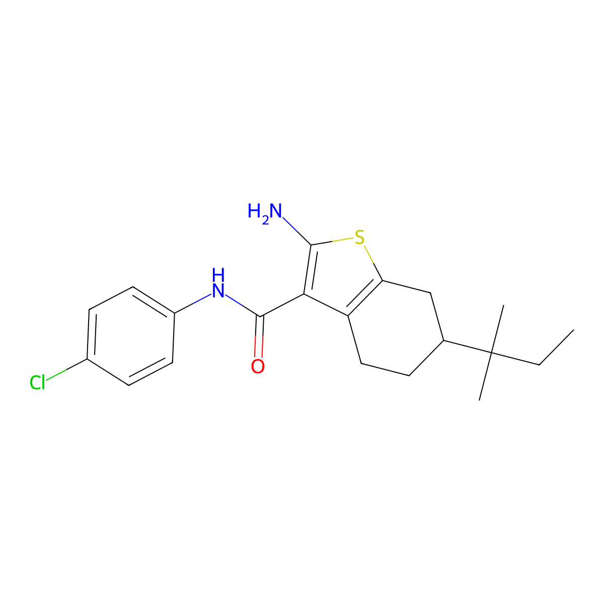2-amino-N-(4-chlorophenyl)-6-(1,1-dimethylpropyl)-4,5,6,7-tetrahydro-1-benzothiophene-3-carboxamide molecular structure, CAS 725227-04-3