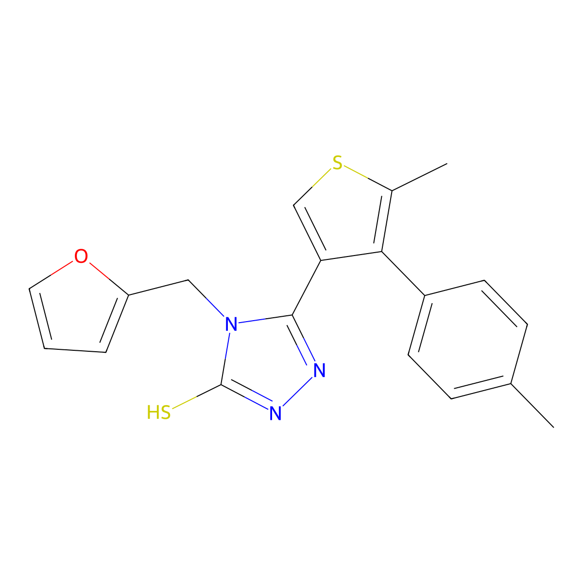 4-(furan-2-ylmethyl)-5-[5-methyl-4-(4-methylphenyl)thiophen-3-yl]-4H-1,2,4-triazole-3-thiol molecular structure, CAS 725227-17-8