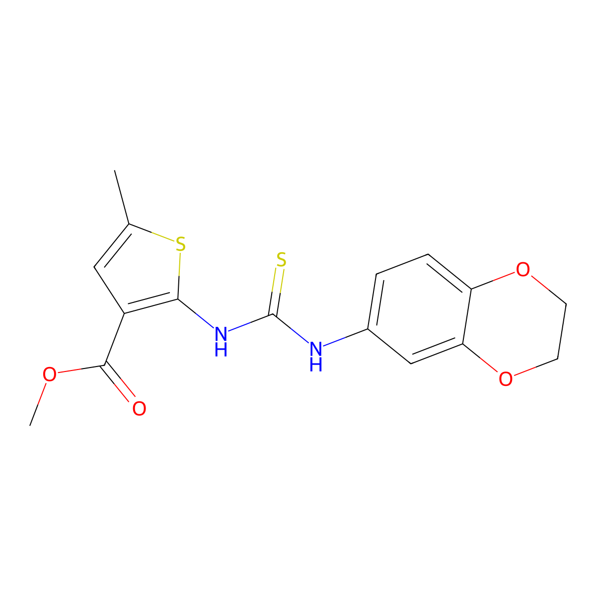 Methyl 2-[(2,3-dihydro-1,4-benzodioxin-6-ylcarbamothioyl)amino]-5-methylthiophene-3-carboxylate molecular structure, CAS 725244-24-6