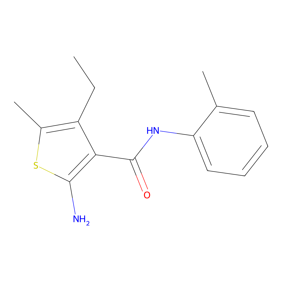 2-amino-4-ethyl-5-methyl-N-(2-methylphenyl)thiophene-3-carboxamide molecular structure, CAS 725244-75-7