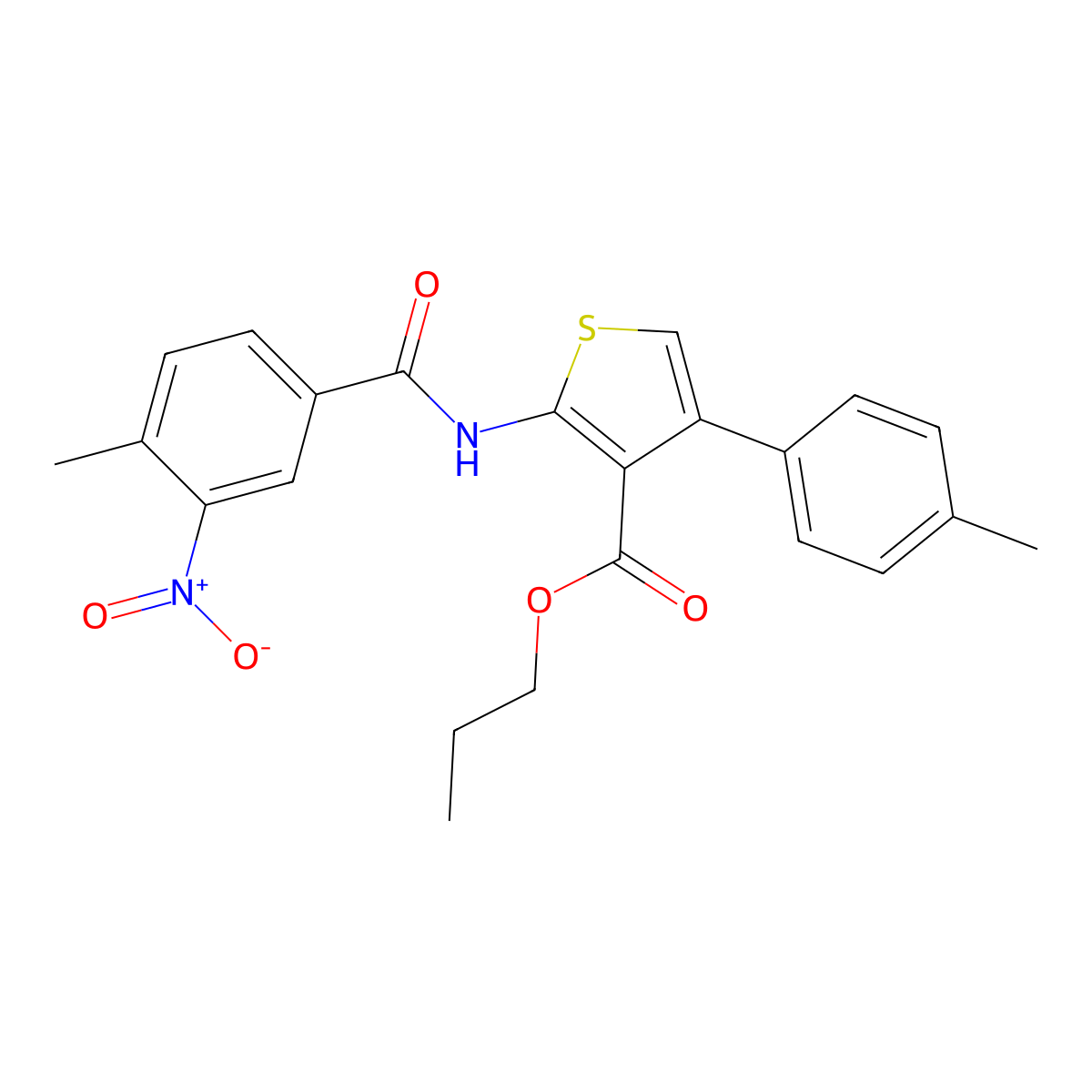 Propyl 2-{[(4-methyl-3-nitrophenyl)carbonyl]amino}-4-(4-methylphenyl)thiophene-3-carboxylate molecular structure, CAS 725245-21-6