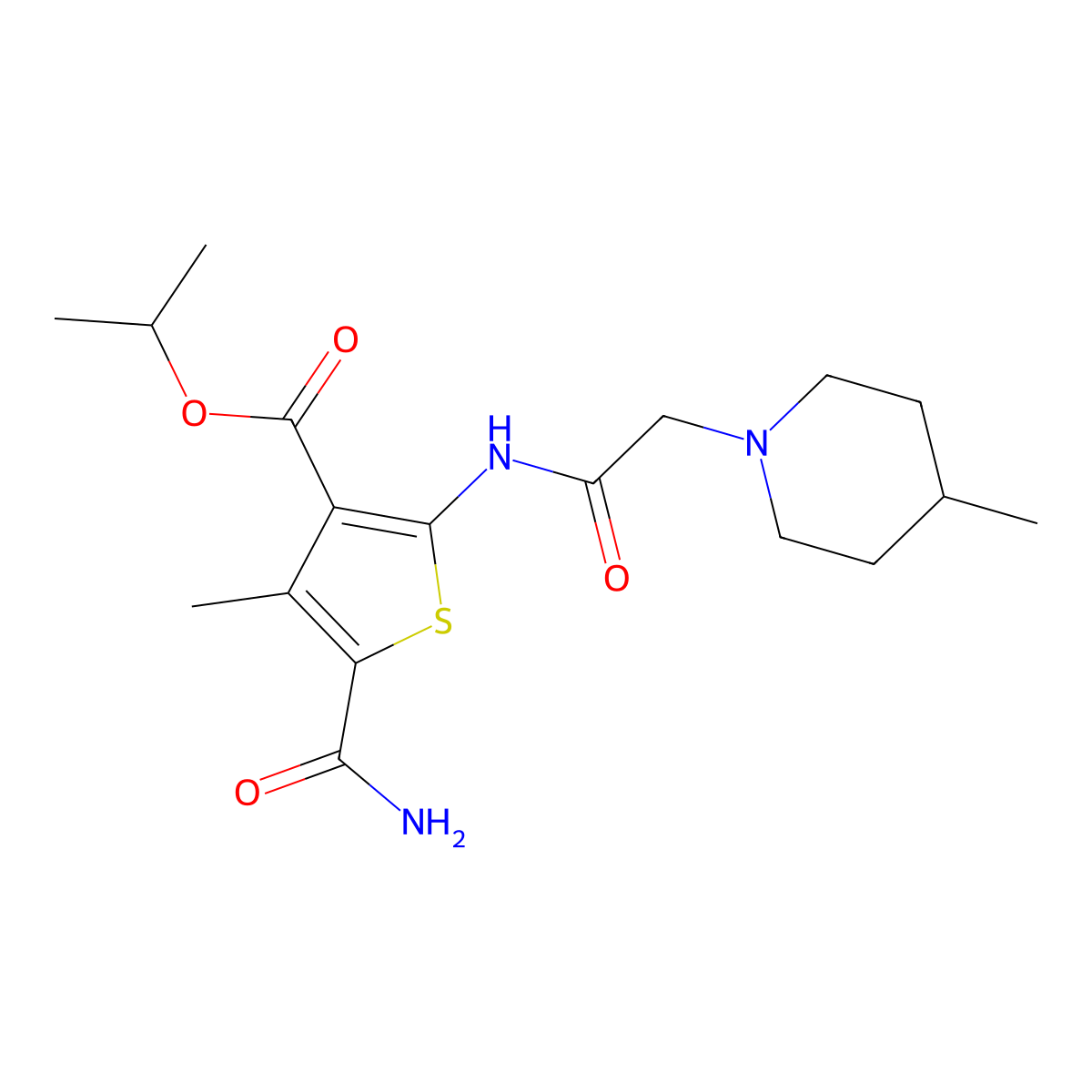 Propan-2-yl 5-carbamoyl-4-methyl-2-{[(4-methylpiperidin-1-yl)acetyl]amino}thiophene-3-carboxylate molecular structure, CAS 725245-37-4