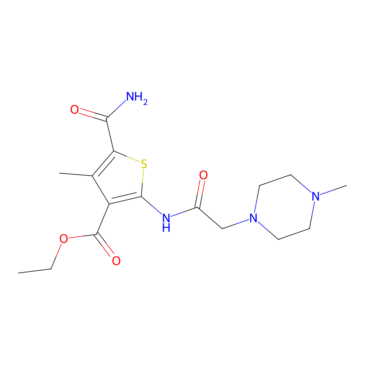 Ethyl 5-carbamoyl-4-methyl-2-{[(4-methylpiperazin-1-yl)acetyl]amino}thiophene-3-carboxylate molecular structure, CAS 725245-59-0