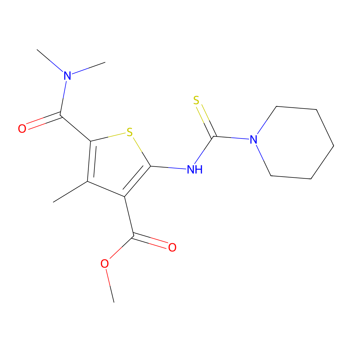 Methyl 5-(dimethylcarbamoyl)-4-methyl-2-[(piperidin-1-ylcarbonothioyl)amino]thiophene-3-carboxylate molecular structure, CAS 725245-75-0