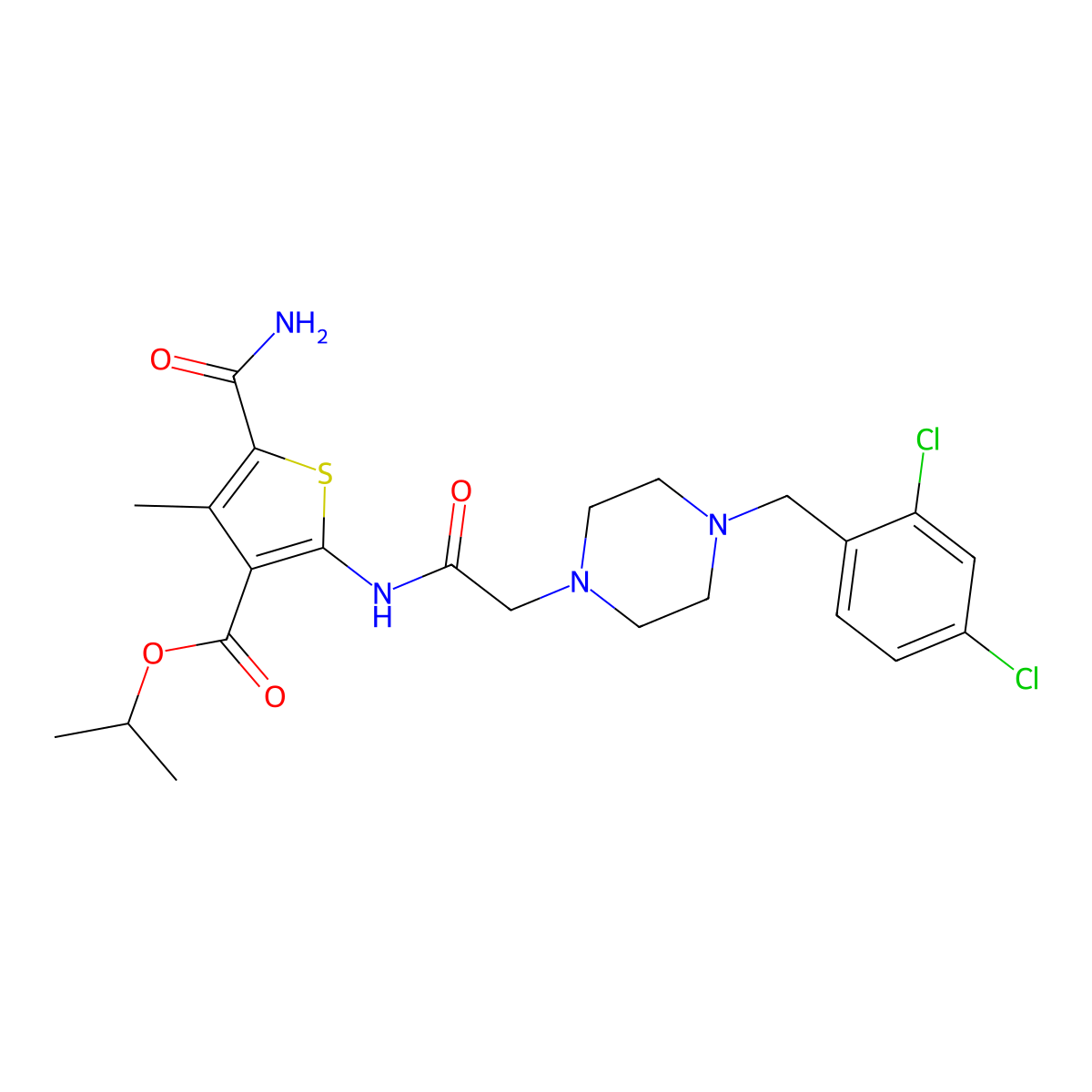 Propan-2-yl 5-carbamoyl-2-({[4-(2,4-dichlorobenzyl)piperazin-1-yl]acetyl}amino)-4-methylthiophene-3-carboxylate molecular structure, CAS 725274-41-9