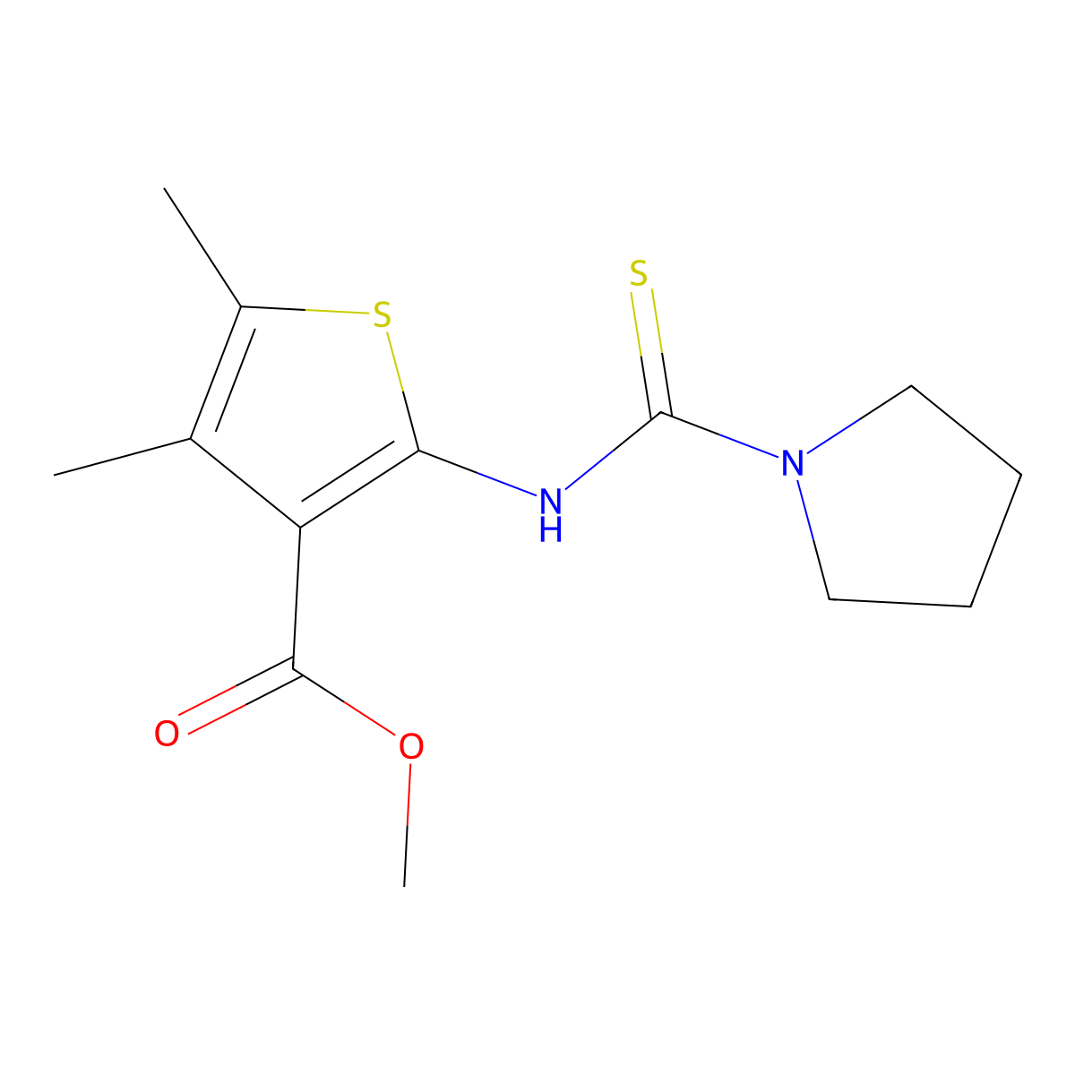 Methyl 4,5-dimethyl-2-[(pyrrolidinylthioxomethyl)amino]thiophene-3-carboxylate molecular structure, CAS 725276-05-1