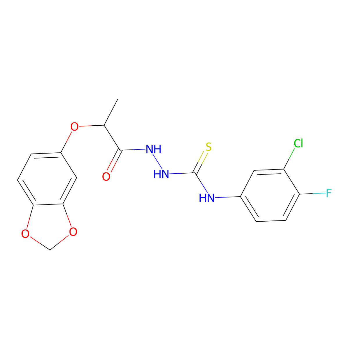 2-[2-(1,3-benzodioxol-5-yloxy)propanoyl]-N-(3-chloro-4-fluorophenyl)hydrazinecarbothioamide molecular structure, CAS 725276-07-3