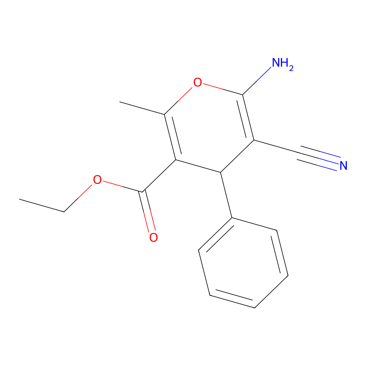 ethyl 6-amino-5-cyano-2-methyl-4-phenyl-4H-pyran-3-carboxylate molecular structure, CAS 72568-47-9
