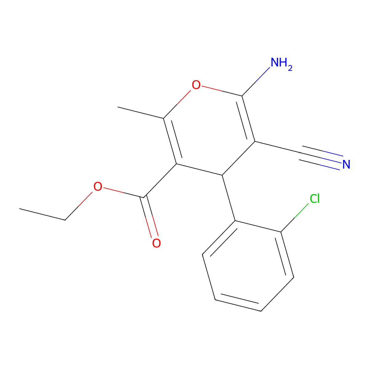 ethyl 6-amino-4-(2-chlorophenyl)-5-cyano-2-methyl-4H-pyran-3-carboxylate molecular structure, CAS 72568-49-1