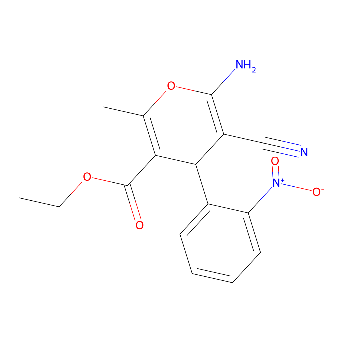 ethyl 6-amino-5-cyano-2-methyl-4-(2-nitrophenyl)-4H-pyran-3-carboxylate molecular structure, CAS 72568-53-7