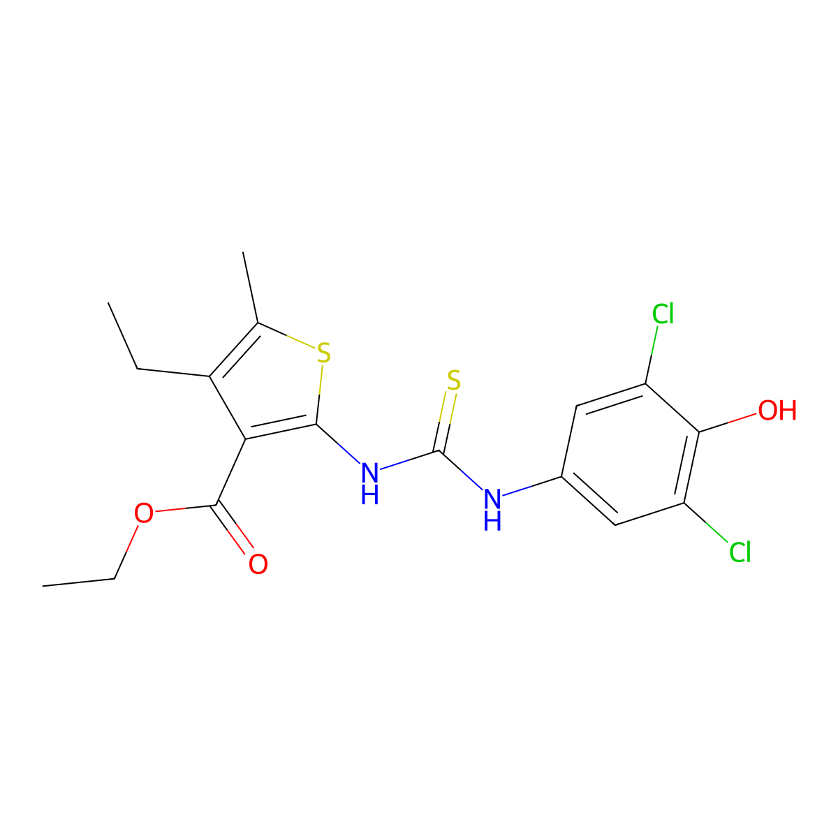 Ethyl 2-{[(3,5-dichloro-4-hydroxyphenyl)carbamothioyl]amino}-4-ethyl-5-methylthiophene-3-carboxylate molecular structure, CAS 725688-12-0