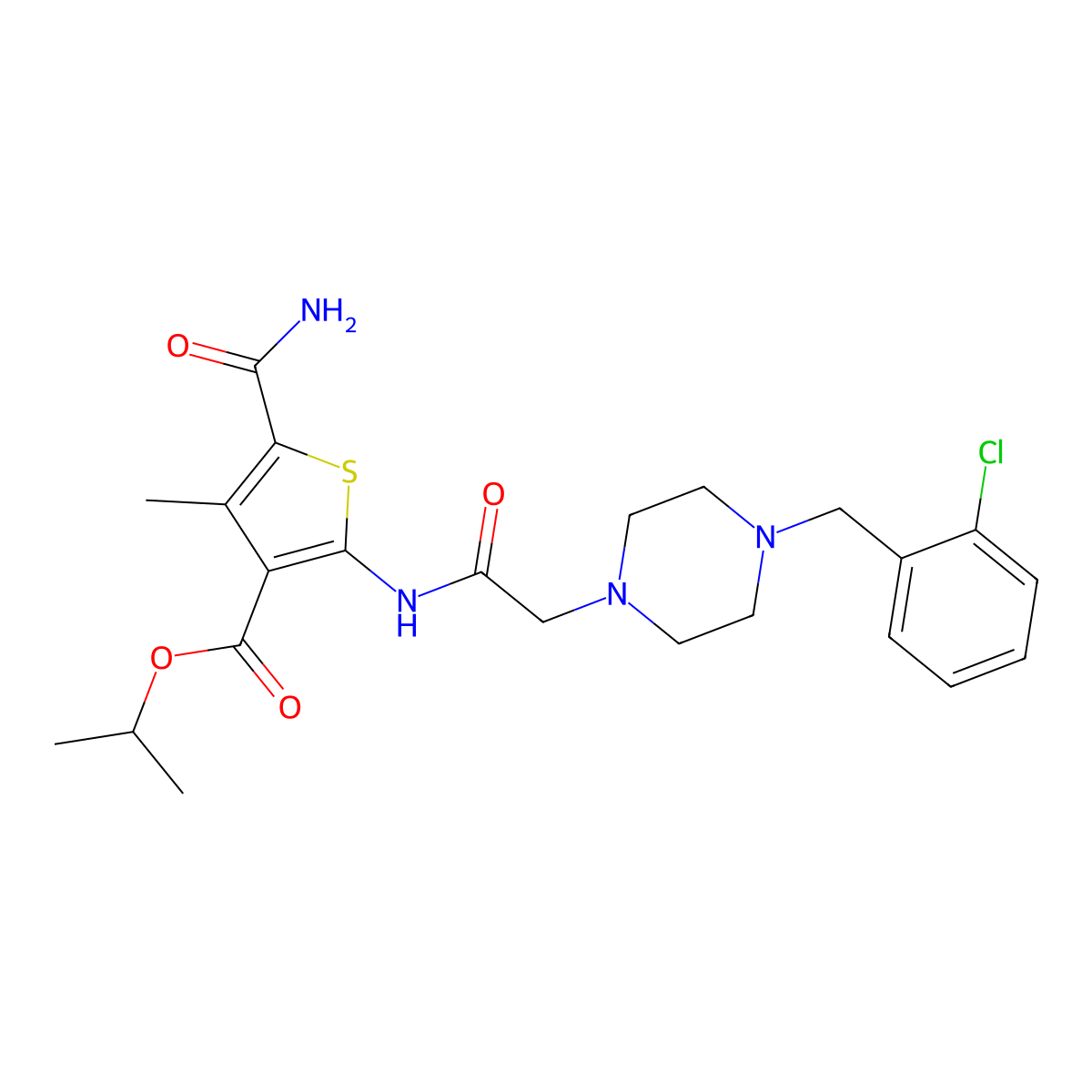 Propan-2-yl 5-carbamoyl-2-({[4-(2-chlorobenzyl)piperazin-1-yl]acetyl}amino)-4-methylthiophene-3-carboxylate molecular structure, CAS 725688-32-4