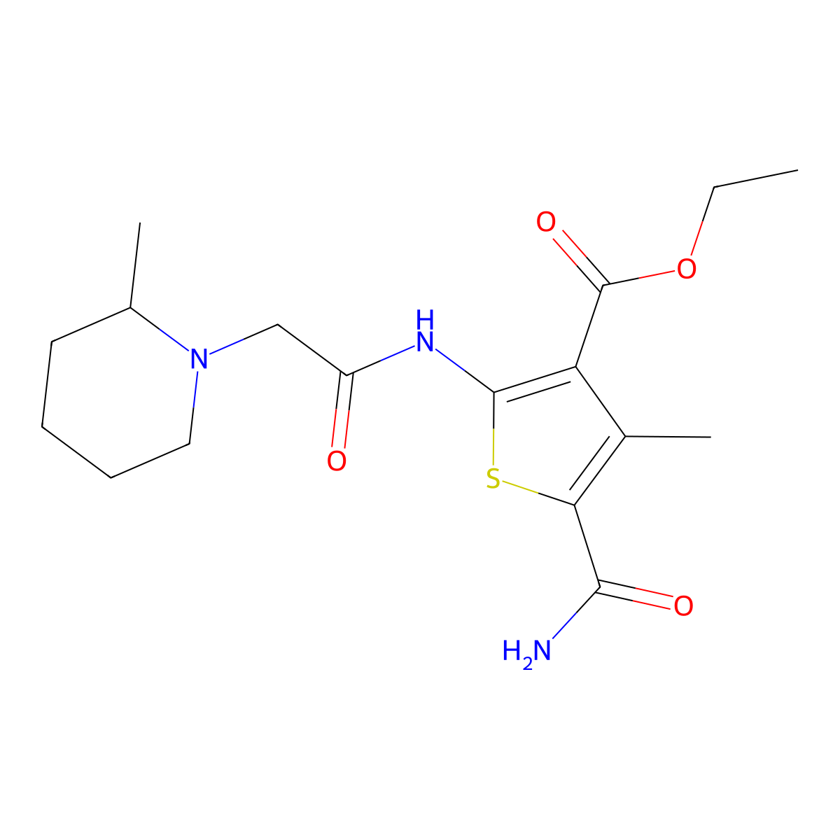 Ethyl 5-carbamoyl-4-methyl-2-{[(2-methylpiperidin-1-yl)acetyl]amino}thiophene-3-carboxylate molecular structure, CAS 725688-47-1
