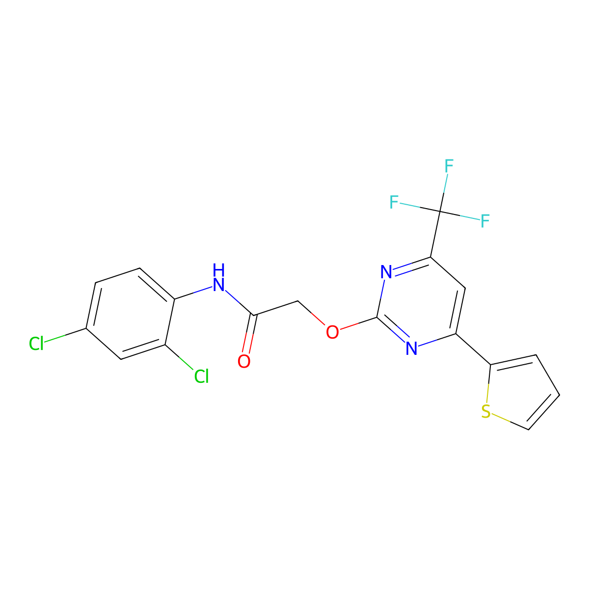 N-(2,4-dichlorophenyl)-2-[4-thiophen-2-yl-6-(trifluoromethyl)pyrimidin-2-yl]oxyacetamide molecular structure, CAS 725693-85-6