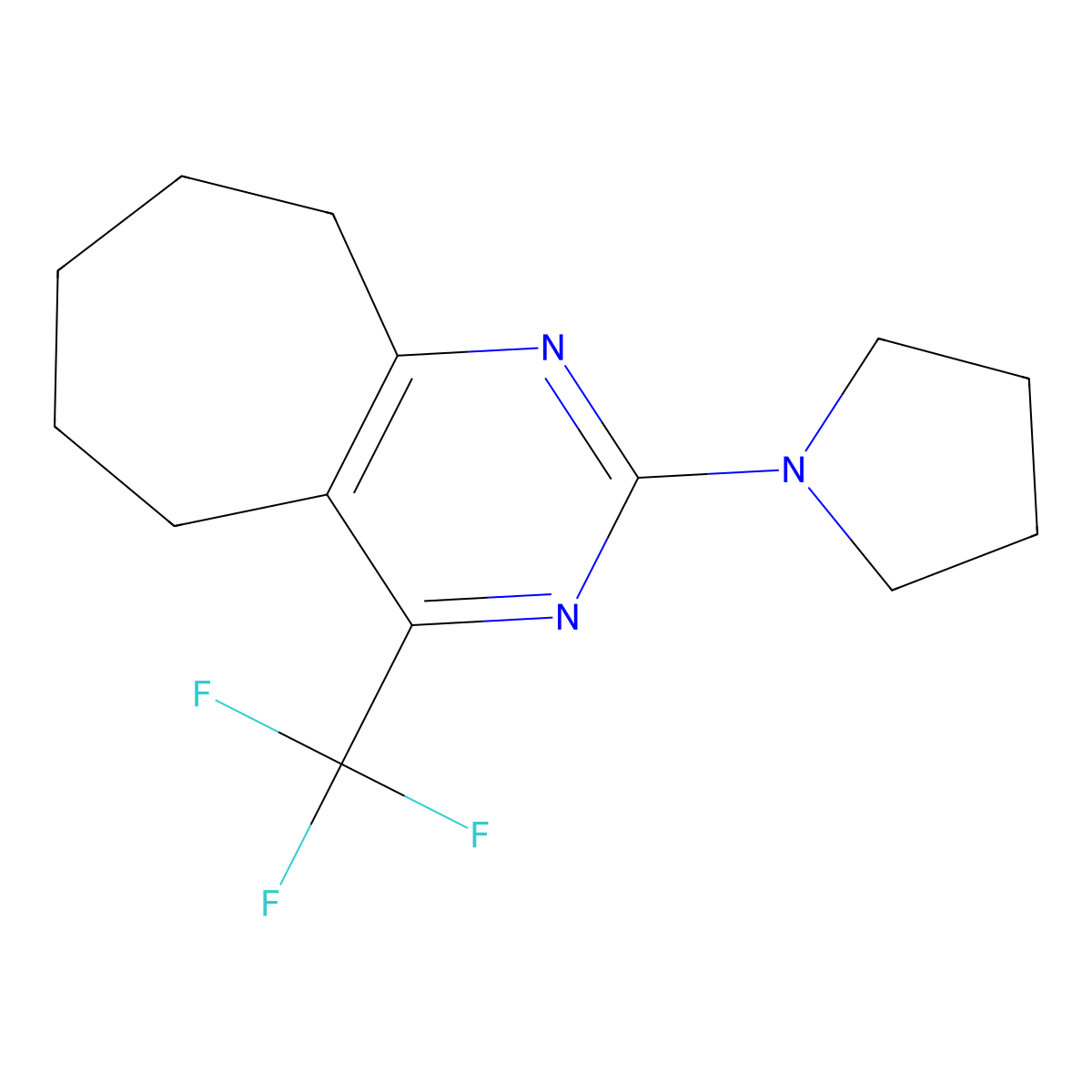2-pyrrolidin-1-yl-4-(trifluoromethyl)-6,7,8,9-tetrahydro-5H-cyclohepta[d]pyrimidine molecular structure, CAS 725696-19-5