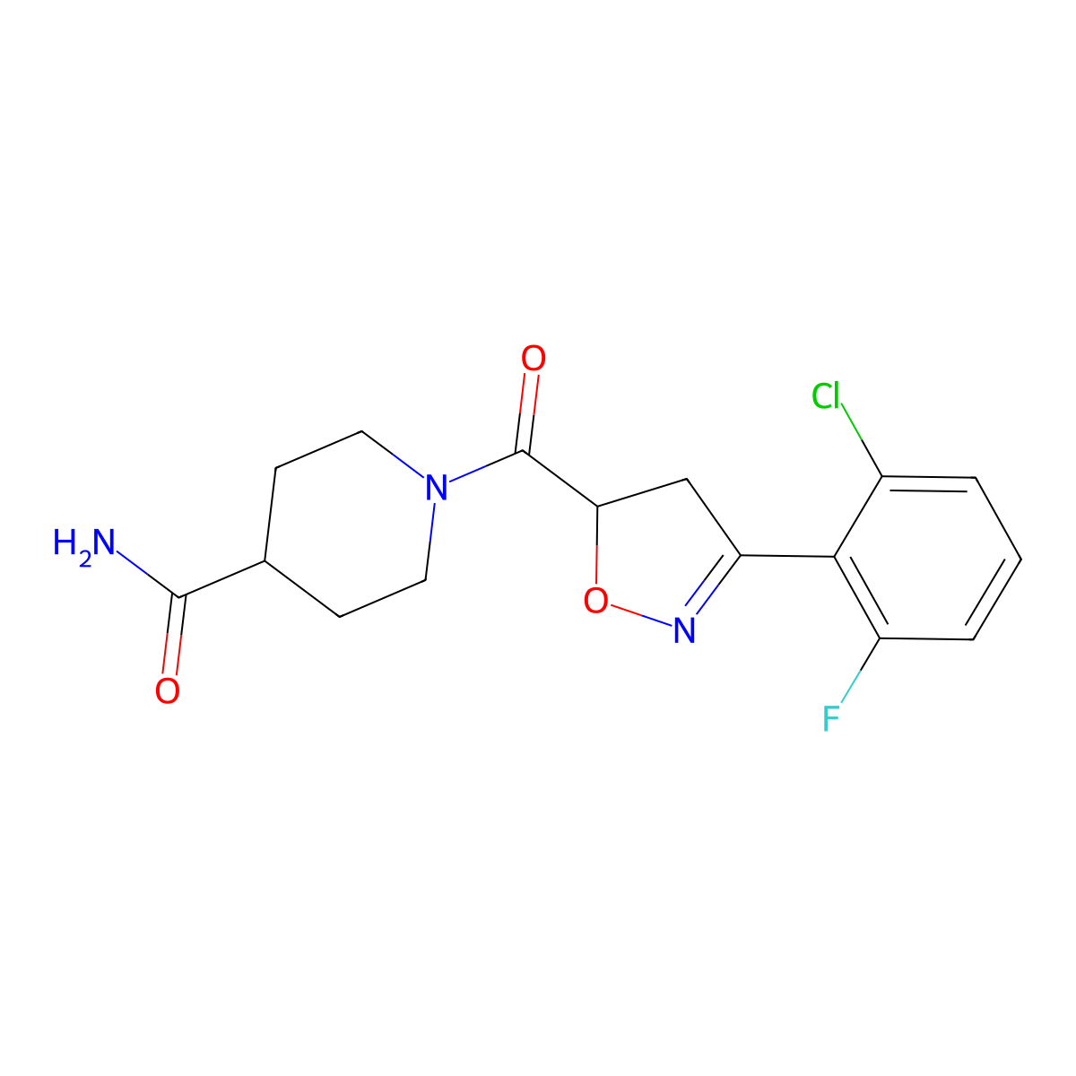 1-[3-(2-Chloro-6-fluorophenyl)-4,5-dihydro-1,2-oxazole-5-carbonyl]piperidine-4-carboxamide molecular structure, CAS 725696-92-4