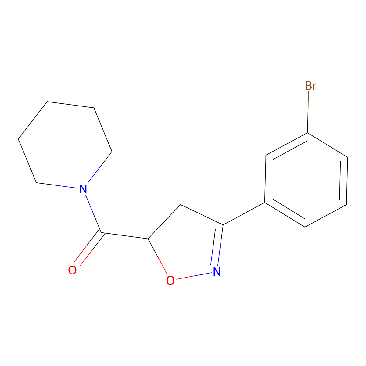 [3-(3-Bromophenyl)-4,5-dihydro-1,2-oxazol-5-yl]-piperidin-1-ylmethanone molecular structure, CAS 725697-11-0