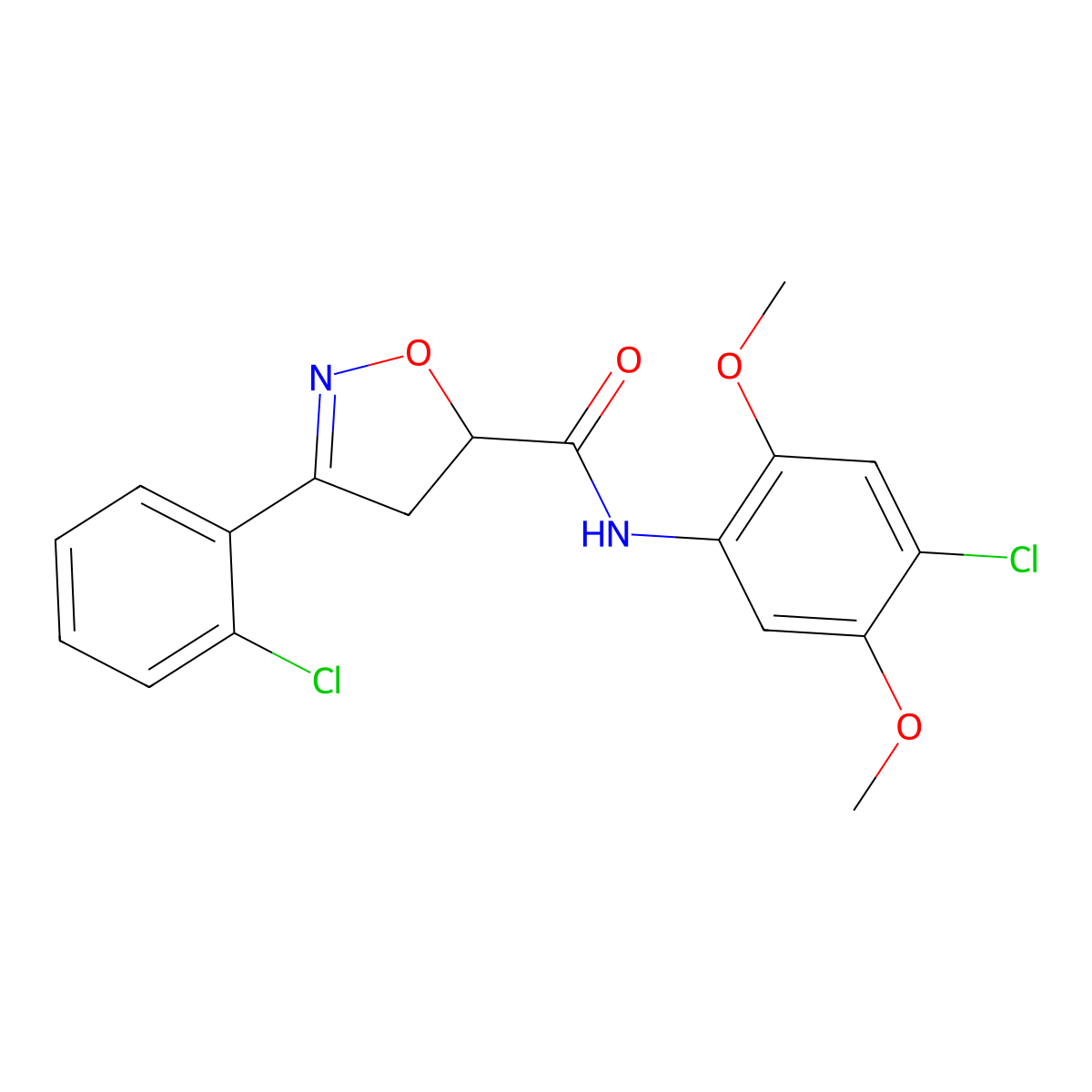 N-(4-chloro-2,5-dimethoxyphenyl)-3-(2-chlorophenyl)-4,5-dihydro-1,2-oxazole-5-carboxamide molecular structure, CAS 725697-21-2