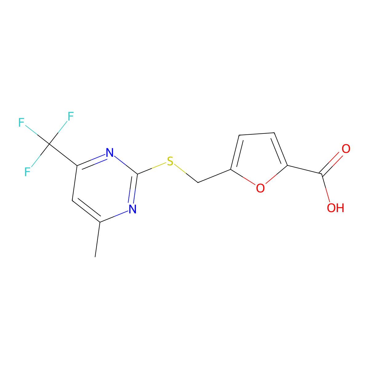 5-({[4-Methyl-6-(trifluoromethyl)pyrimidin-2-yl]-thio}methyl)-2-furoic acid molecular structure, CAS 725699-00-3