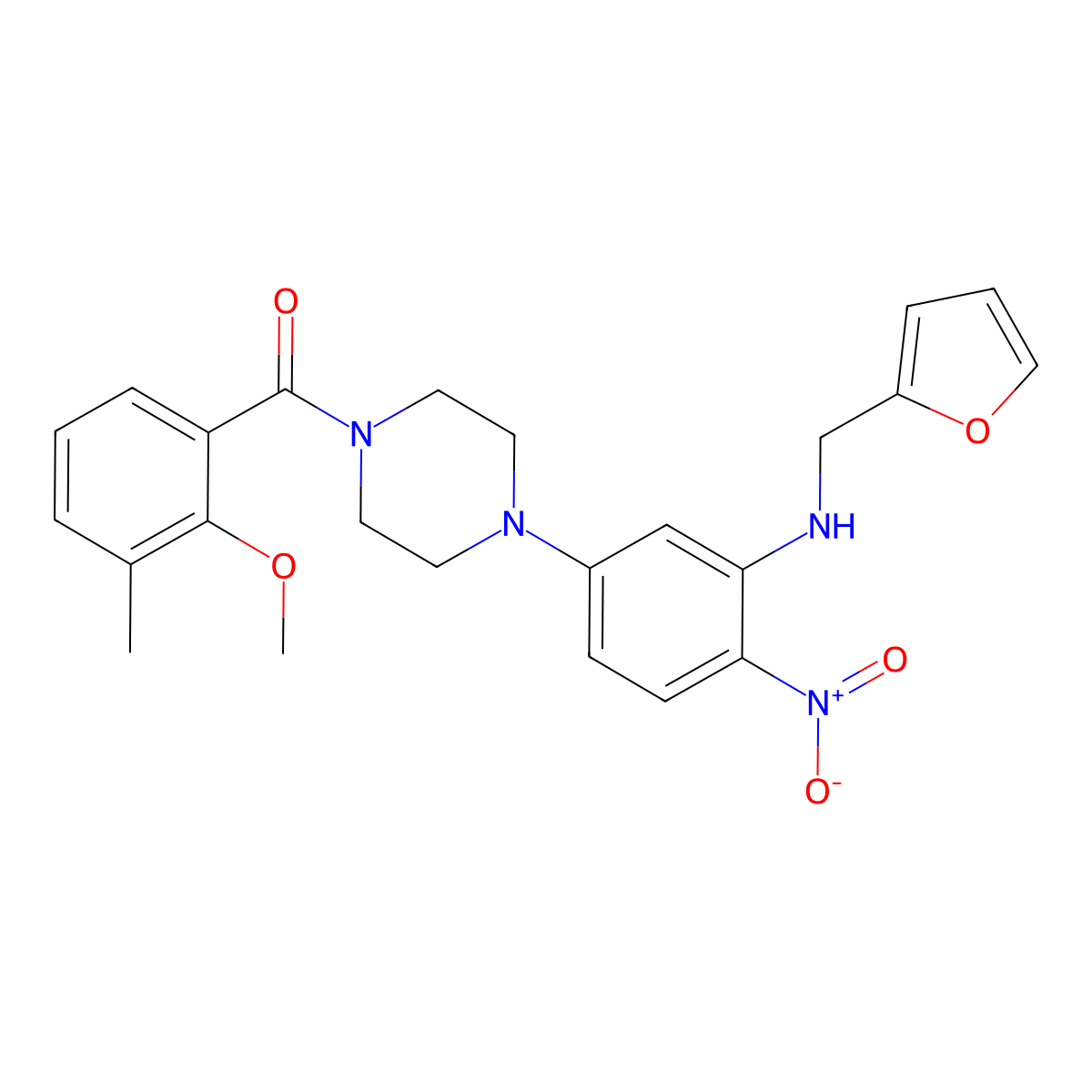 [4-[3-(Furan-2-ylmethylamino)-4-nitrophenyl]piperazin-1-yl]-(2-methoxy-3-methylphenyl)methanone molecular structure, CAS 725706-58-1