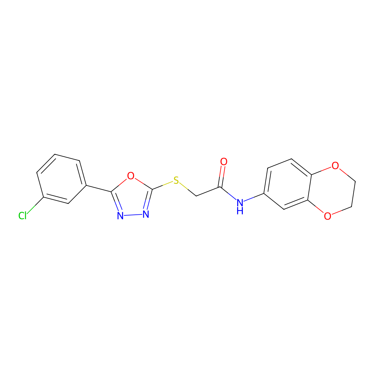 2-{[5-(3-chlorophenyl)-1,3,4-oxadiazol-2-yl]sulfanyl}-N-(2,3-dihydro-1,4-benzodioxin-6-yl)acetamide molecular structure, CAS 725706-77-4