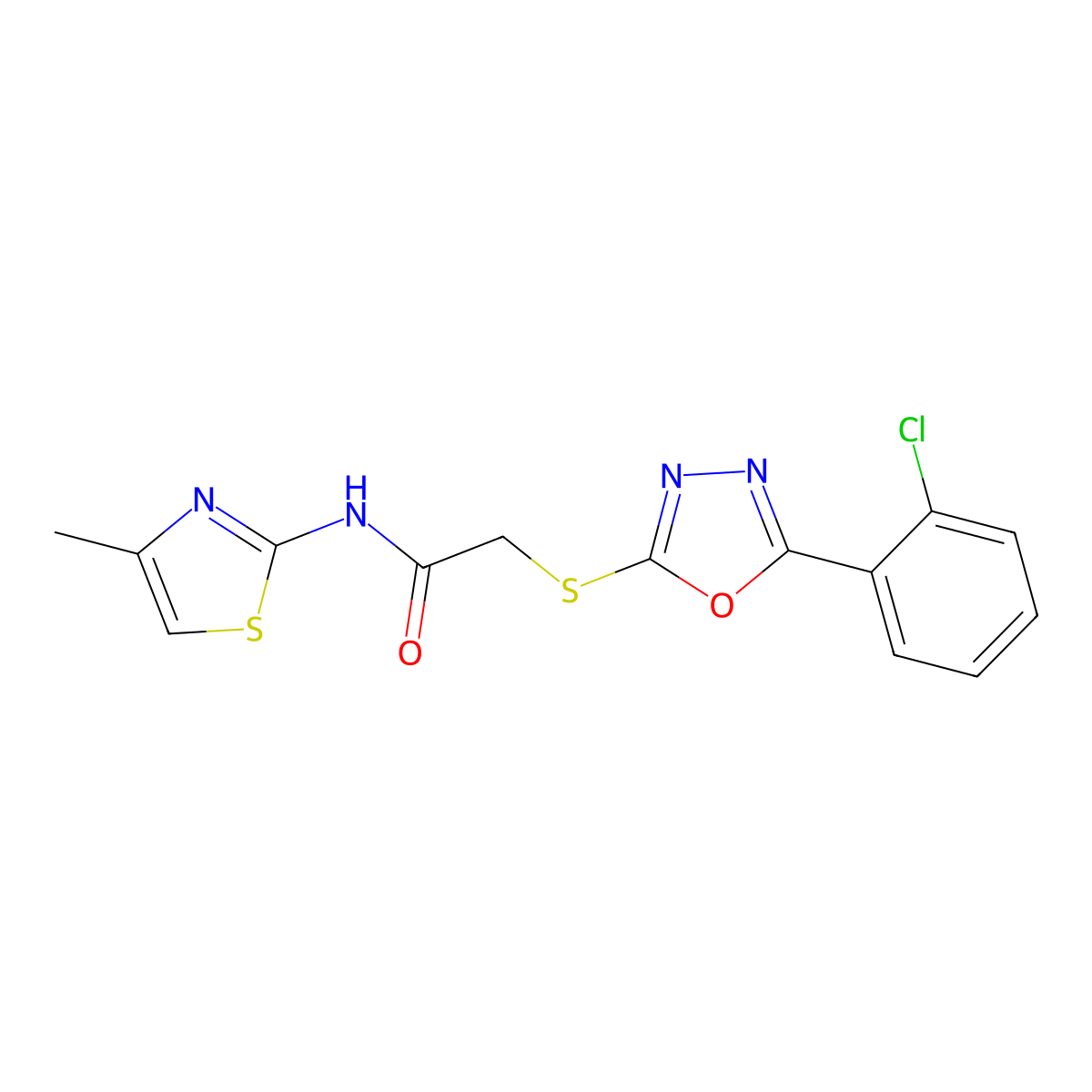 2-[[5-(2-chlorophenyl)-1,3,4-oxadiazol-2-yl]sulfanyl]-N-(4-methyl-1,3-thiazol-2-yl)acetamide molecular structure, CAS 725706-80-9