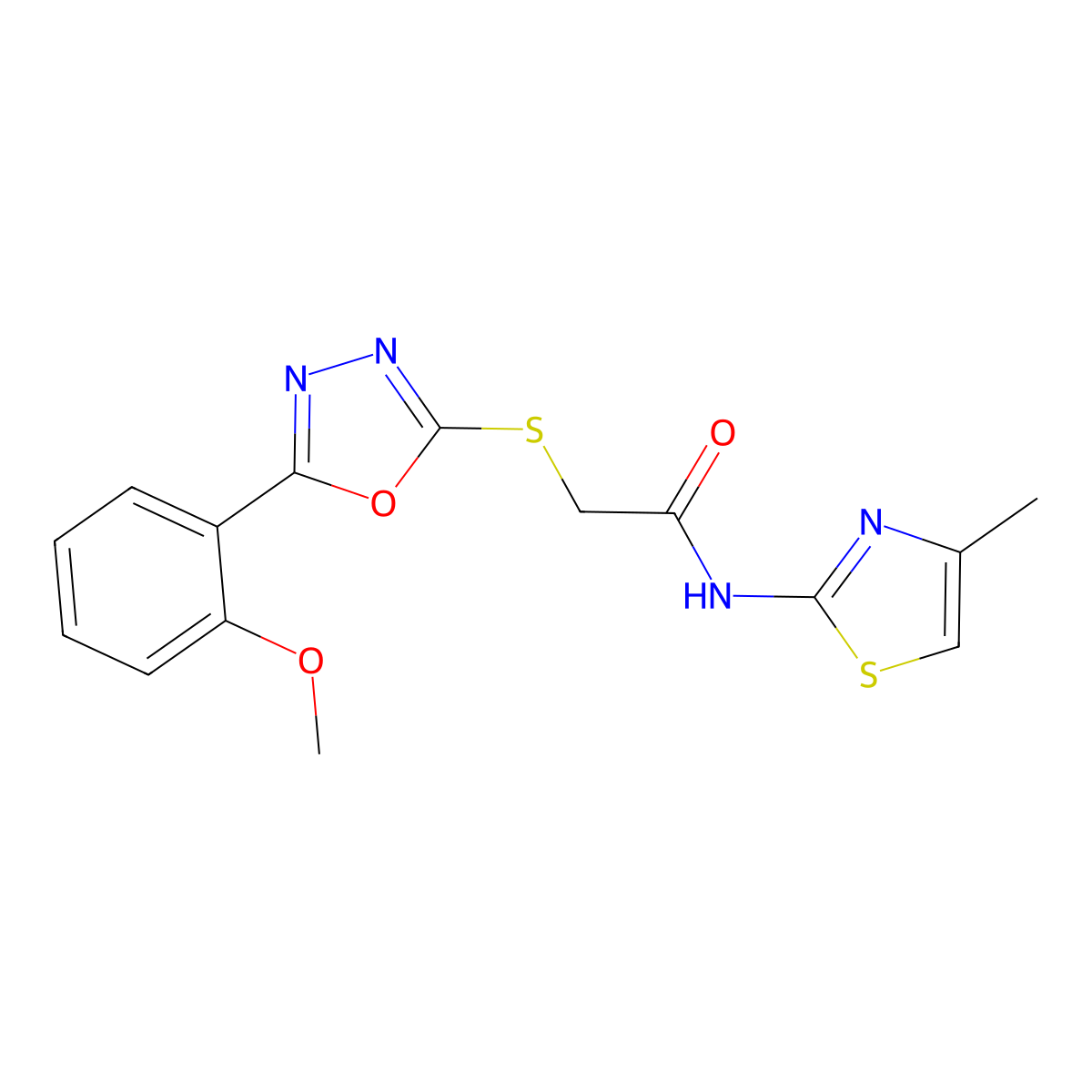 2-[[5-(2-methoxyphenyl)-1,3,4-oxadiazol-2-yl]sulfanyl]-N-(4-methyl-1,3-thiazol-2-yl)acetamide molecular structure, CAS 725706-81-0